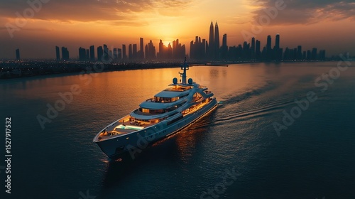 Large luxury yacht sailing in the ocean on city background at sunset