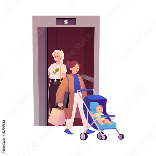 People using lift elevator, mother with a baby in stroller and bags coming out of the elevator vector flat illustration
