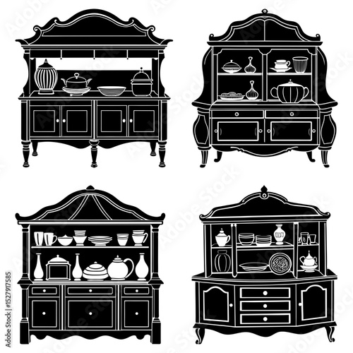 Four antique cabinets with various dishware and decorative items in a black and white silhouette style