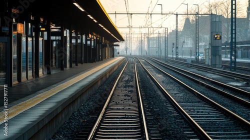 A train station platform with empty railway tracks, waiting for the next arrival photo