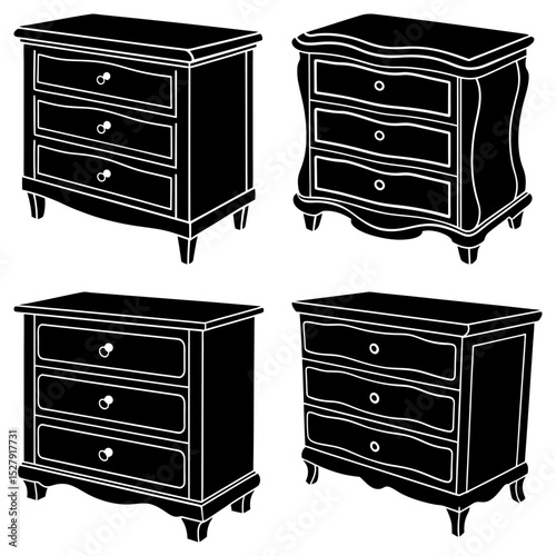Four black and white chest of drawers illustrations with varying designs and drawer configurations