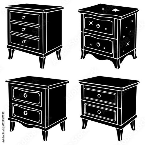 Four black and white silhouettes of bedside tables with varying drawer configurations and decorations