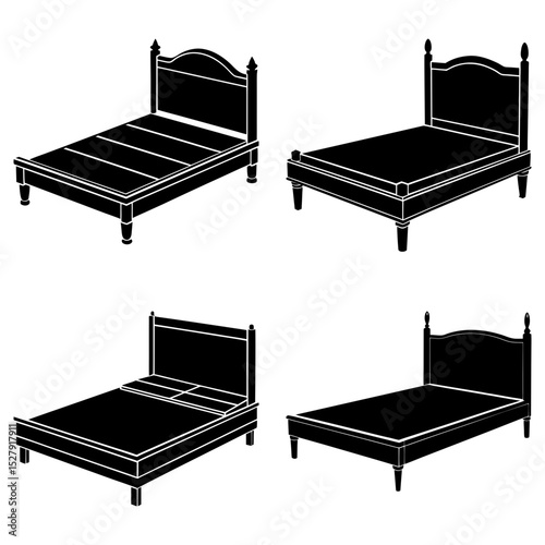 Four different styles of beds depicted in black and white showcasing bedroom furniture options and designs