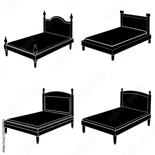 Four black and white bed illustrations with different headboard designs in a symmetrical arrangement