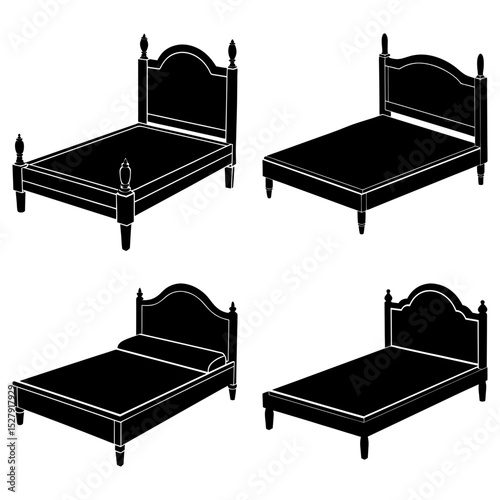 Illustration showing four different styles of beds in black silhouette on a white background, furniture showcase
