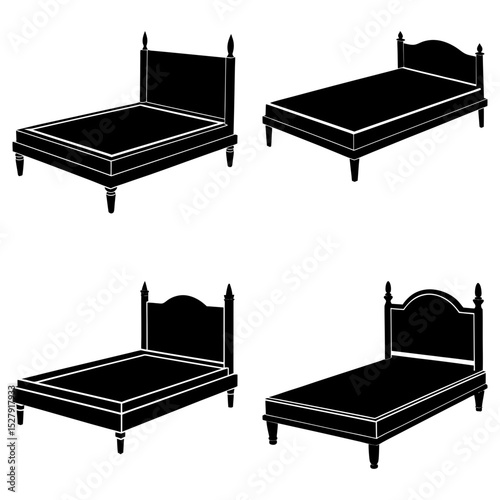 Illustration of four different bed frames with headboards in a black and white graphic style art