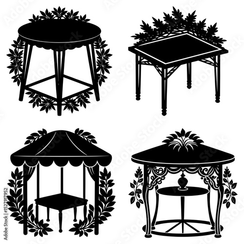 Four black silhouette garden tables and gazebos with leafy decorations in a square format design
