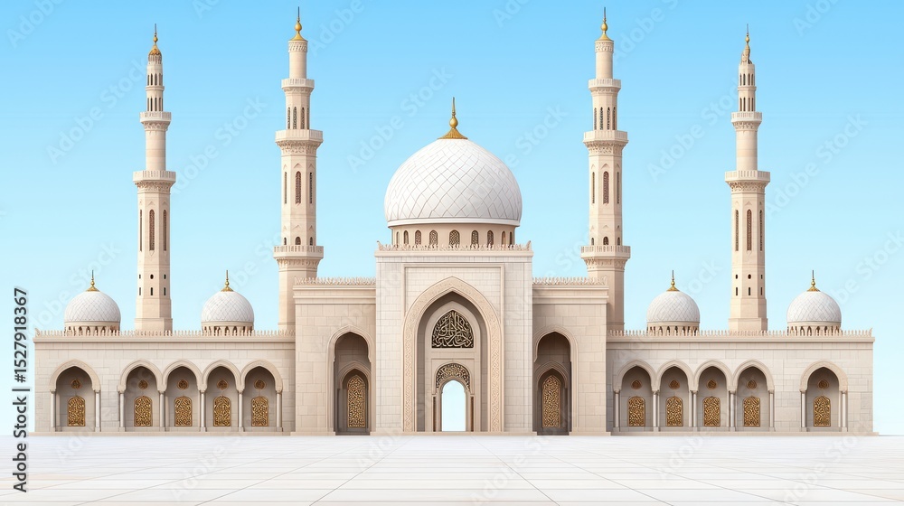 Fototapeta premium Majestic Mosque Surrounded by Lush Palm Trees in Tranquil Oman Landscape