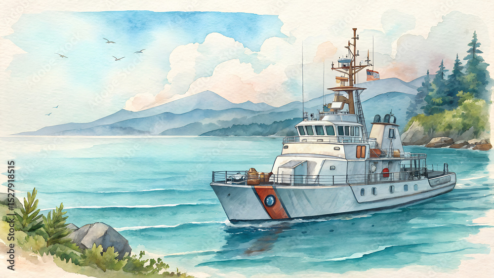 Naklejka premium Watercolor Coast Guard Boat Scene – Classic Vessel in Muted Colors with Calm Waters & Distant Coastlines, Evoking Duty & Adventure + Copy Space