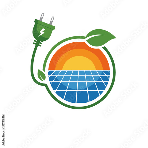 A green electrical plug with two prongs enters from the upper left, connected to a curved green cord forming a semi-circular border
