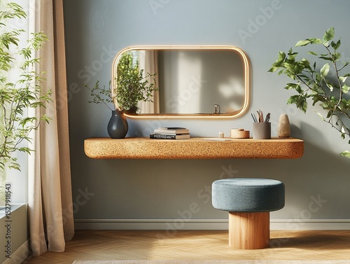 Floating Cork Desk with Indigo Felt Stool
