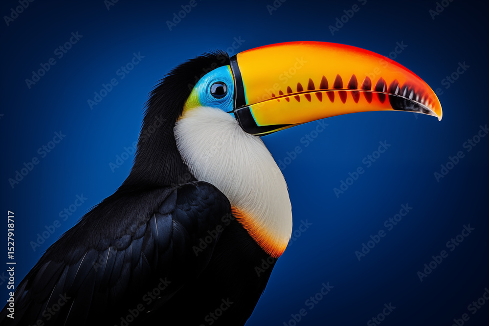 Naklejka premium Toucan toco au plumage noir, bleu et blanc posé sur une branche de bois, bec orange vif typique, fond noir mettant en valeur les couleurs tropicales de l’oiseau exotique