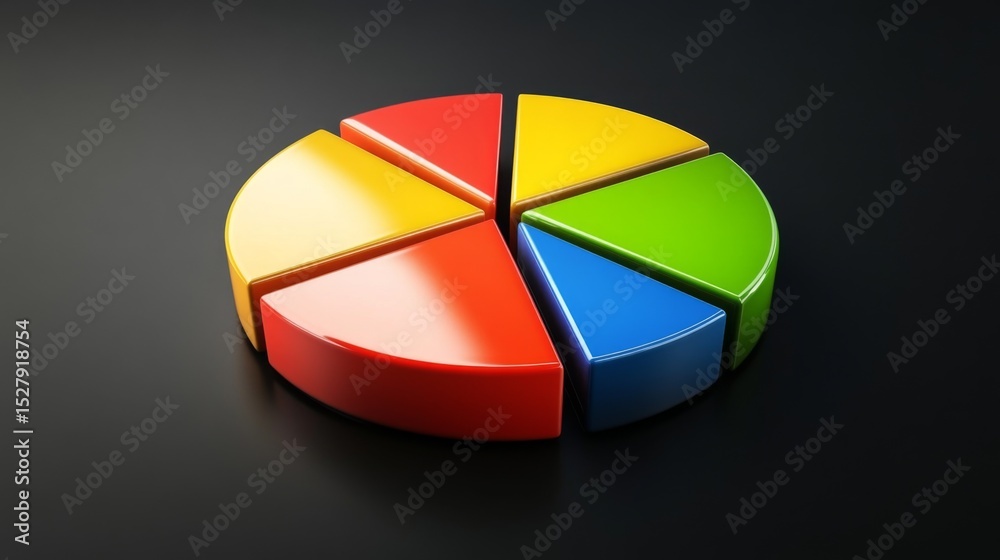 Obraz premium A vibrant D pie chart displaying different market shares, with glossy segments in various colors, set against a sleek dark background for a modern look.