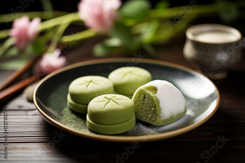  Pâtisseries japonaises wagashi au matcha servies sur assiette noire avec fleurs de cerisier en arrière-plan, ambiance traditionnelle et élégante de dégustation photo