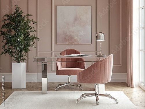 Mirrored Acrylic Desk with Rose Chair
