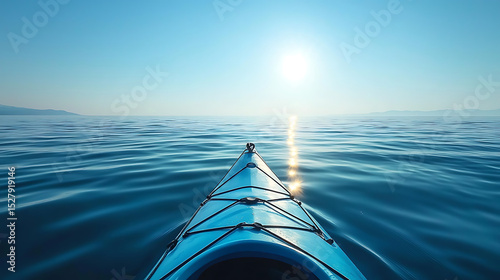 High angle view of the expansive sea, with a sleek blue sea kayak