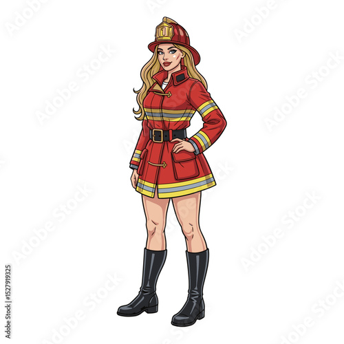 Vivid Digital Illustration of a Female Firefighter in Uniform Standing Proud