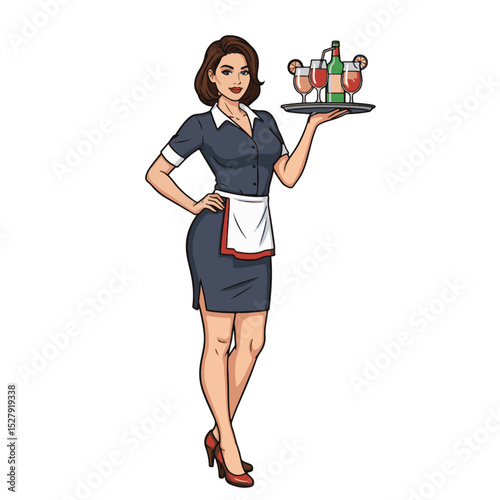 Elegant waitress holding a tray with cocktails dressed in classic uniform