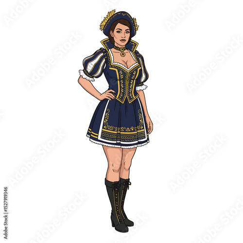 Detailed illustration of a woman in traditional costume showcasing cultural attire and vibrant details