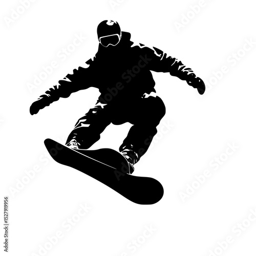 a black and white silhouette of a man riding a snowboard black, jump, man, person, ride, silhouette, snowboard, snowboarder 