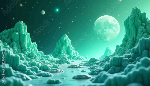 Ethereal Green Alien Planet Landscape with Moon