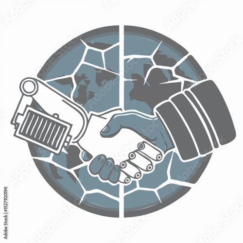 A handshake between a robotic arm holding a lithium-ion battery and a human hand holding an oil barrel, set above a cracked earth background.