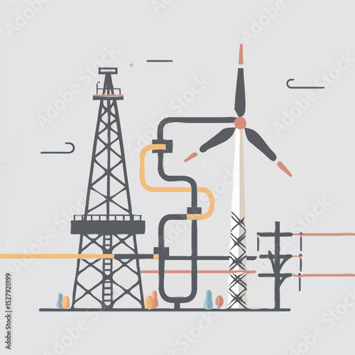 An oil rig tower beside a European wind turbine, connected by intertwining pipelines and power lines, depicting contrasting energy policies.
