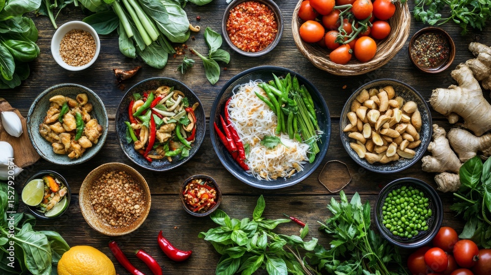 A vibrant Thai kitchen filled with fresh ingredients like lemongrass, chili, and basil, beautifully arranged on a wooden countertop, highlighting the essence of Thai cuisine. A vibrant Thai kitchen filled with fresh ingredients like lemongrass, chili, and basil, beautifully arranged on a wooden countertop, highlighting the essence of Thai cuisine.