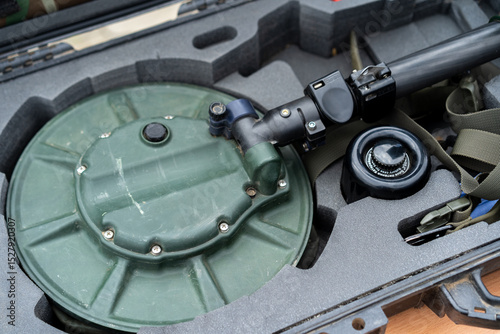 Military equipment case with specialized gear for operations and reconnaissance activities in field settings