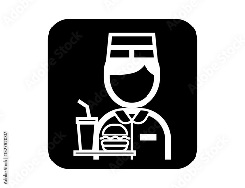 ハンバーガーを持ったファストフード店員のシンプルな四角いモノクロ白抜きイラストアイコン