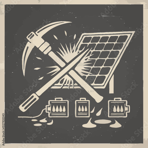 A propaganda-style poster showing a miner’s pickaxe clashing with a solar panel, with battery icons leaking drops of oil.