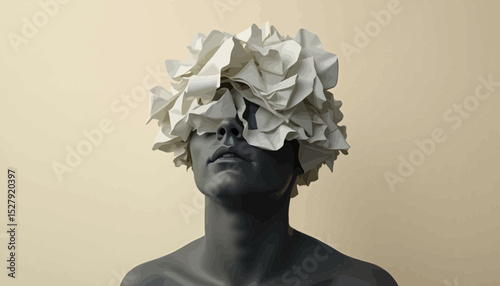 Grey Sculpture With Crumpled Paper Head Against Beige Background