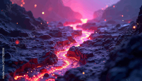 Lava Flowing Through Dark Volcanic Mountains at Night