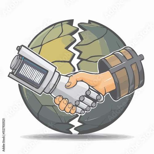 A handshake between a robotic arm holding a lithium-ion battery and a human hand holding an oil barrel, set above a cracked earth background.