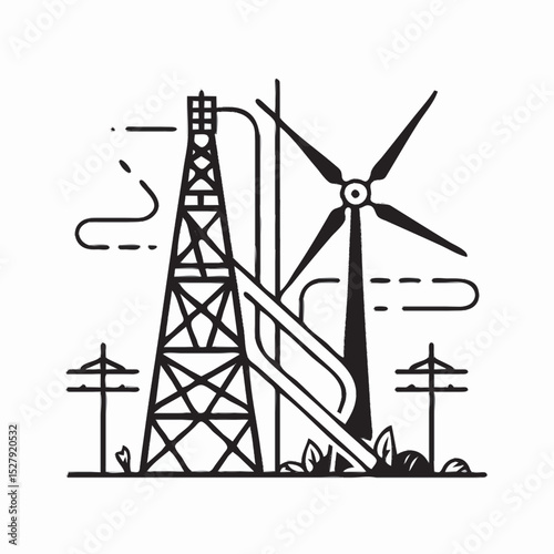 An oil rig tower beside a European wind turbine, connected by intertwining pipelines and power lines, depicting contrasting energy policies.