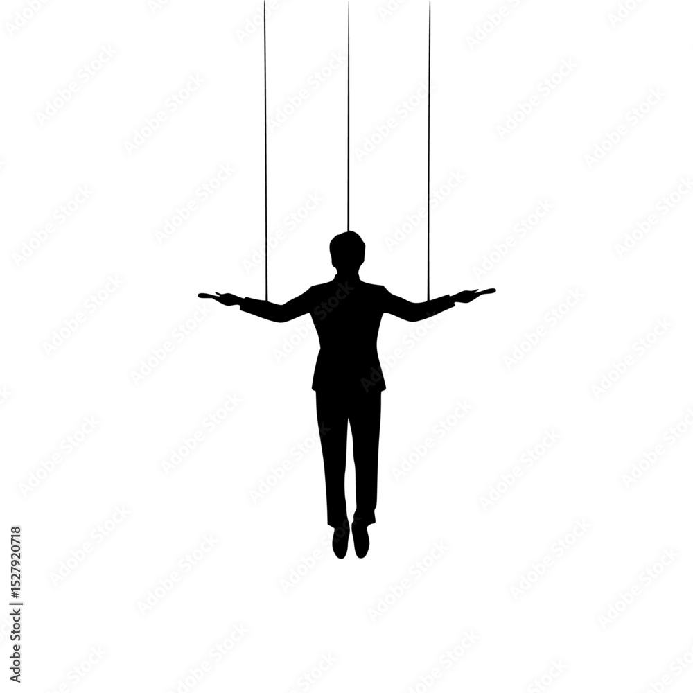 Obraz premium a black silhouette of a man hanging by strings on a white background black, hang, man, person, rope, silhouette, string, swing, woman , Generative art.