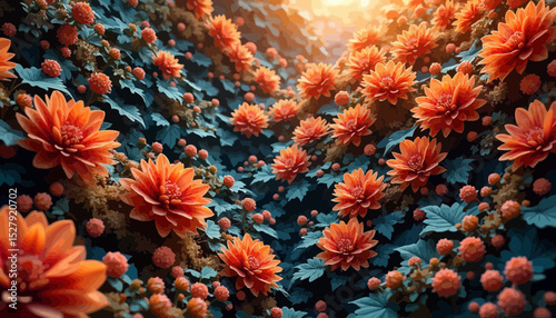 Orange Dahlias and Teal Leaves in Sunlight