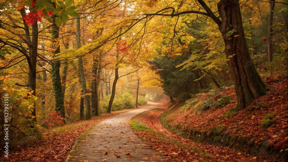 Fototapeta premium Autumn Trail: Witness the warm, inviting embrace of autumn as a winding path meanders through a vibrant forest, framed by trees adorned in fiery hues and a ground blanketed in fallen leaves.