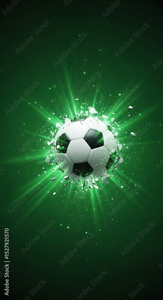 Fototapeta premium Exploding soccer ball with green light effects and debris