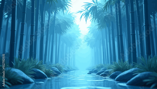 Serene Blue Bamboo Forest Path with Stream
