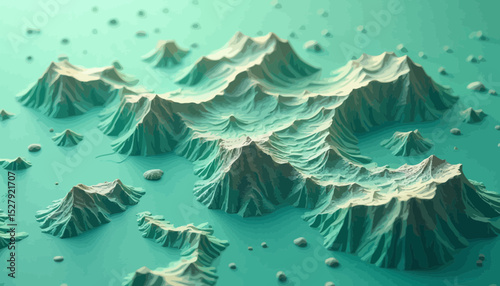 Teal Low Poly Mountain Range Island Aerial View