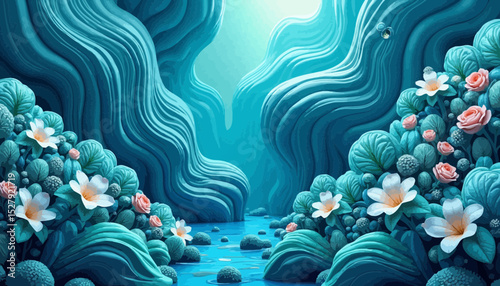 Teal Canyon with Floral Accents and Water Stream
