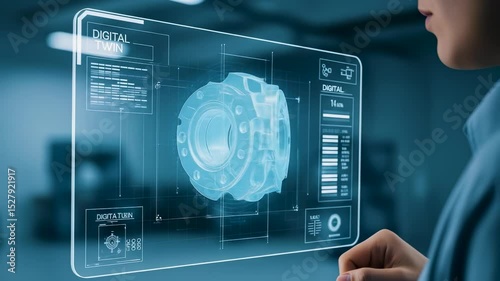 Woman engineer interact with a 3D holographic digital twin of mechanical components for analysis and diagnostics, showcasing futuristic machine design and repair visualization.