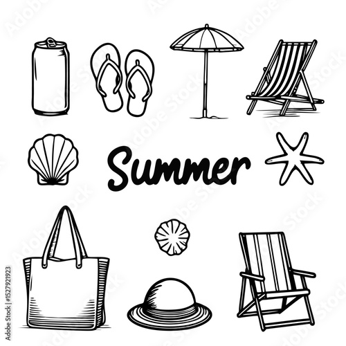 Line Art Summer Vacation Elements Collection Outlined Black and White