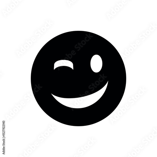 Black Grinning Face with Wink, Playful Emoji, Sly Smile Icon, Solid Vector Graphic for Chat