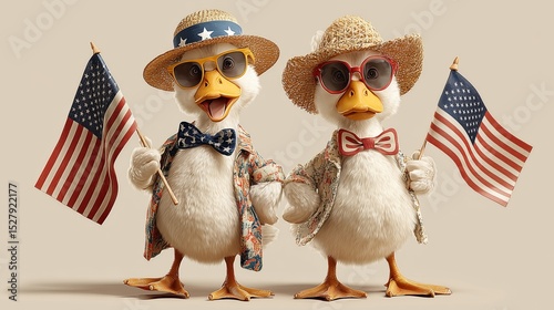 Cute Cartoon Ducks Celebrating Independence Day with American Flags
