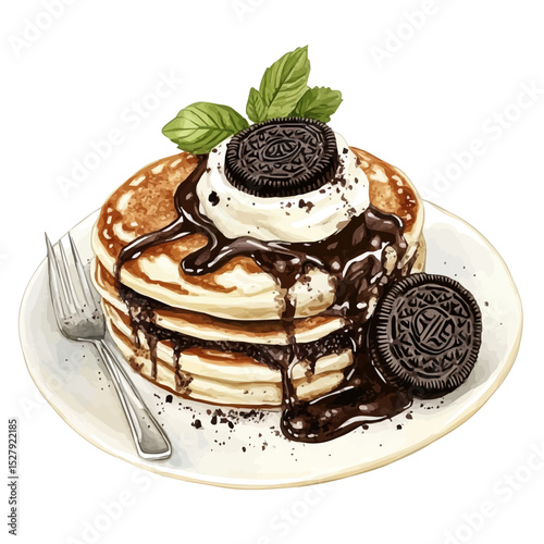 Oreo Stuffed Pancakes, watercolor drawing vector, high quality, isolated on a white background.