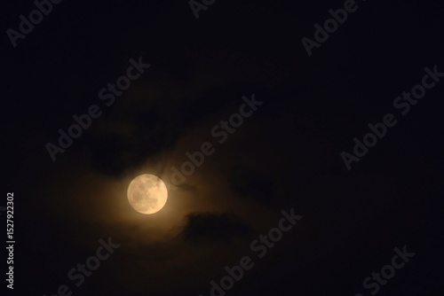 yellow full moon covering by cloud floating on sky in night background