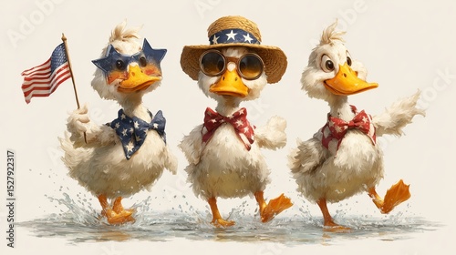 Cute Cartoon Ducks Celebrating Independence Day with American Flags