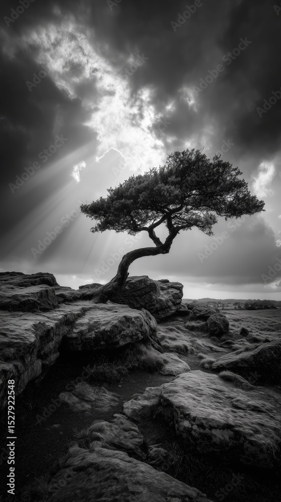 Obraz premium Solitary Twisted Tree on a Rocky Hill Beneath Dramatic Clouds